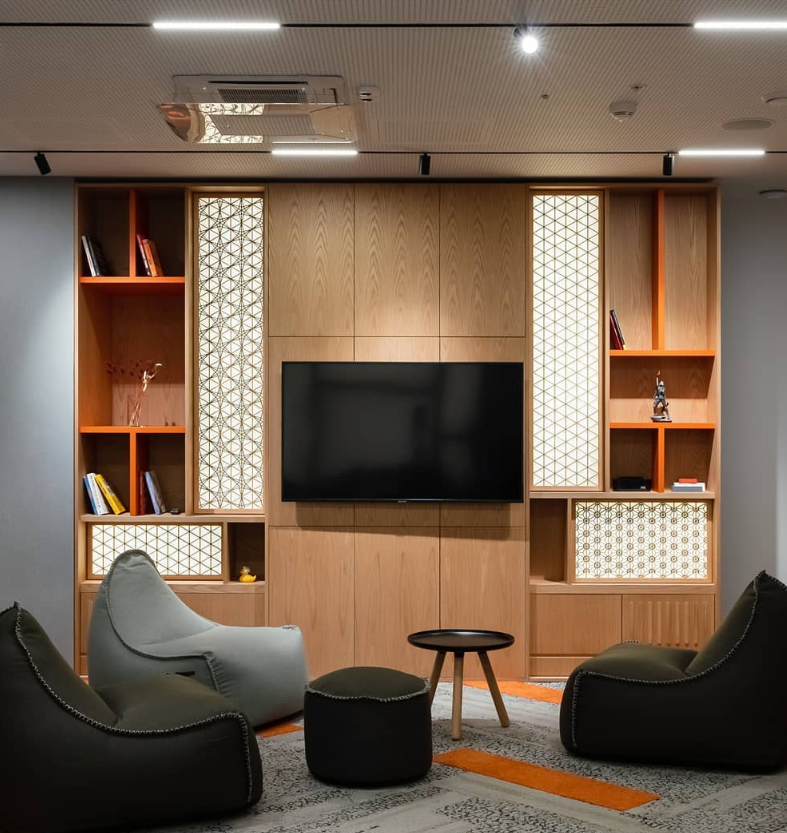 Open office with kumiko lamps